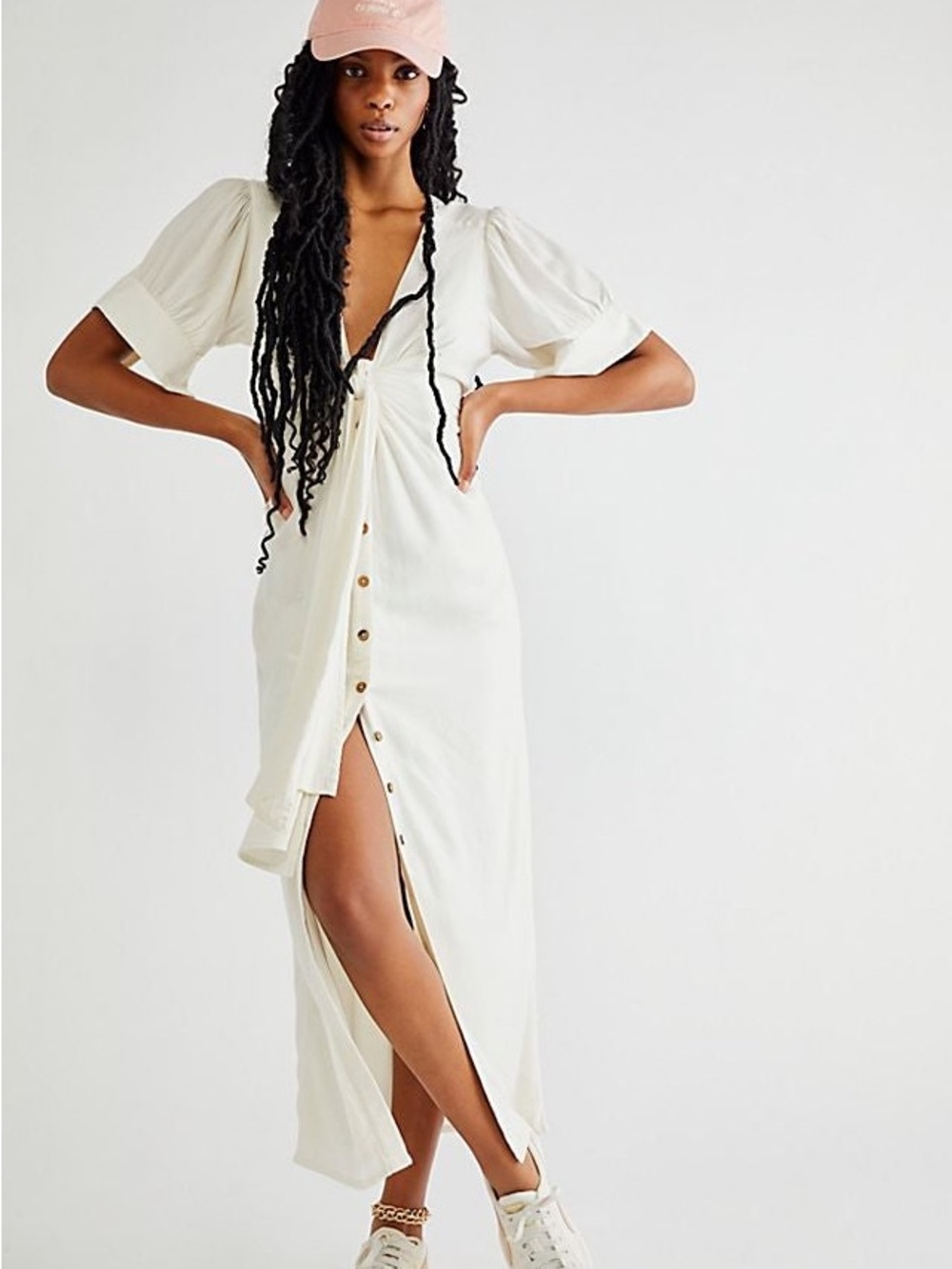 Free People Cream Tie-Front Midi Dress